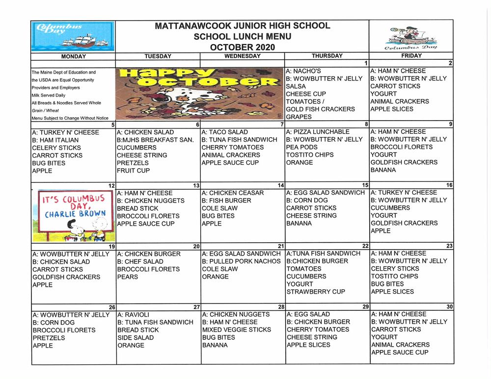 MJHS October Lunch Menu 2020