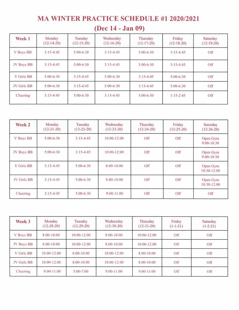 MA winter practice schedule 2020/2021