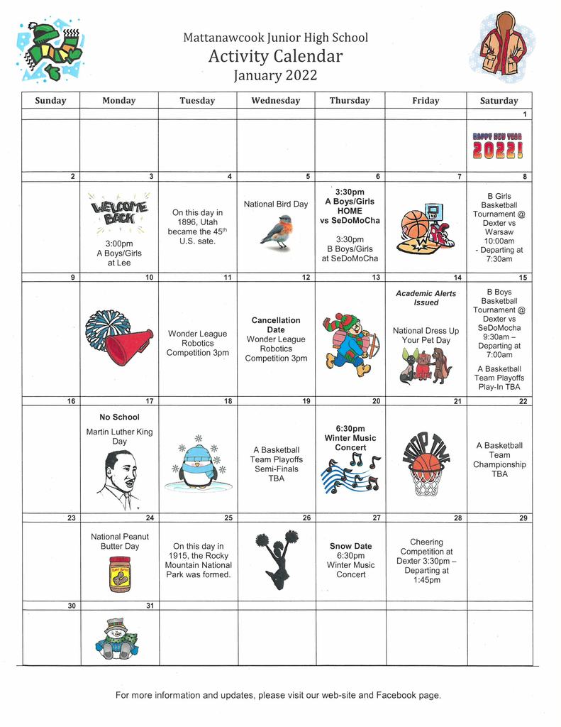 MJHS January Activity Calendar 2022