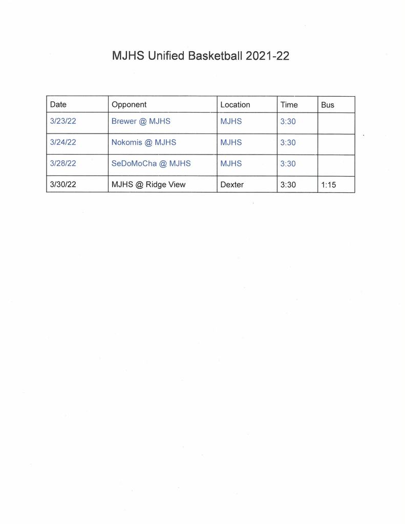 Updated MJHS Unified Basketball Game Schedule
