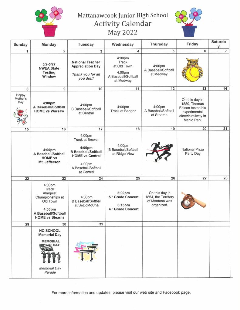 MJHS May Activity Calendar 2022