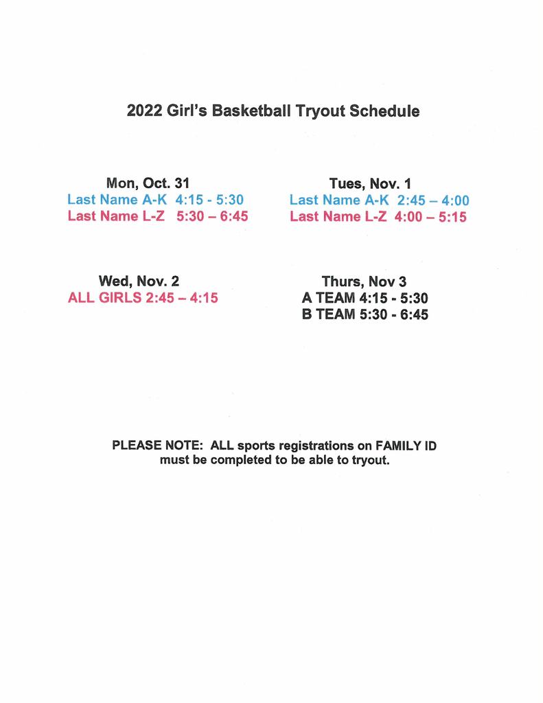 2022 Girl's Basketball Tryout Schedule
