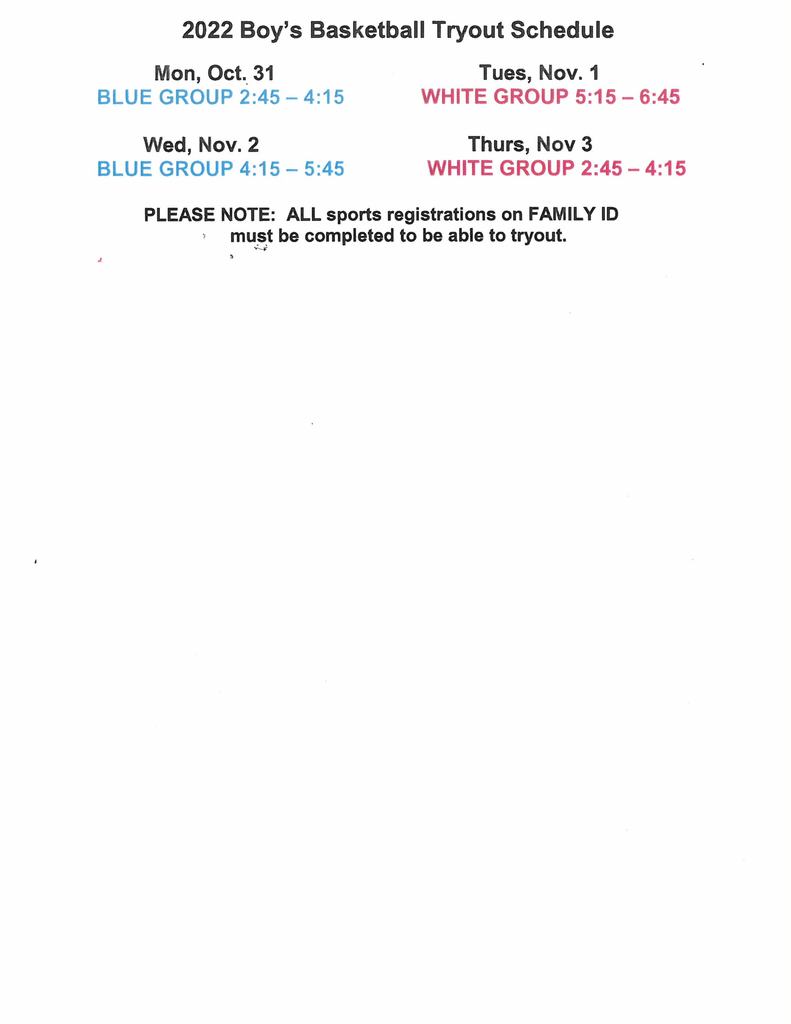 2022 Boy's Basketball Tryout Schedule