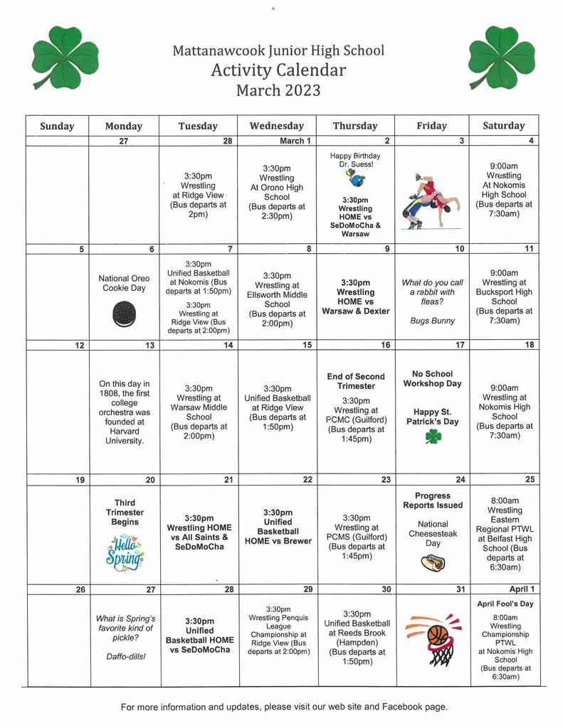 MJHS March Activity Calendar 2023