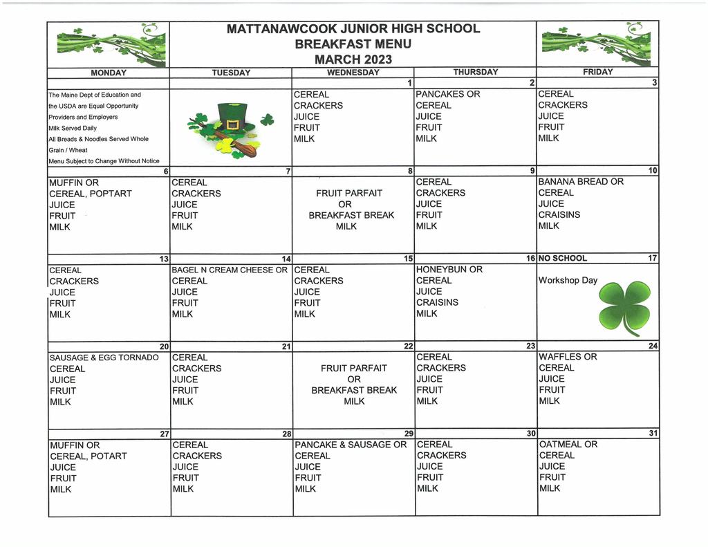 MJHS March Breakfast Menu 2023