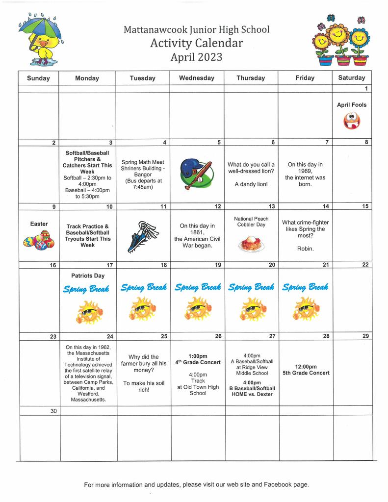 MJHS April Activity Calendar 2023
